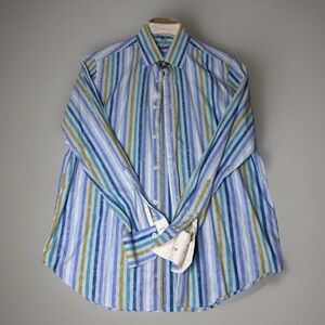 Robert Graham Dress Shirt Mens L Blue White Striped Long Sleeve Classic Fit